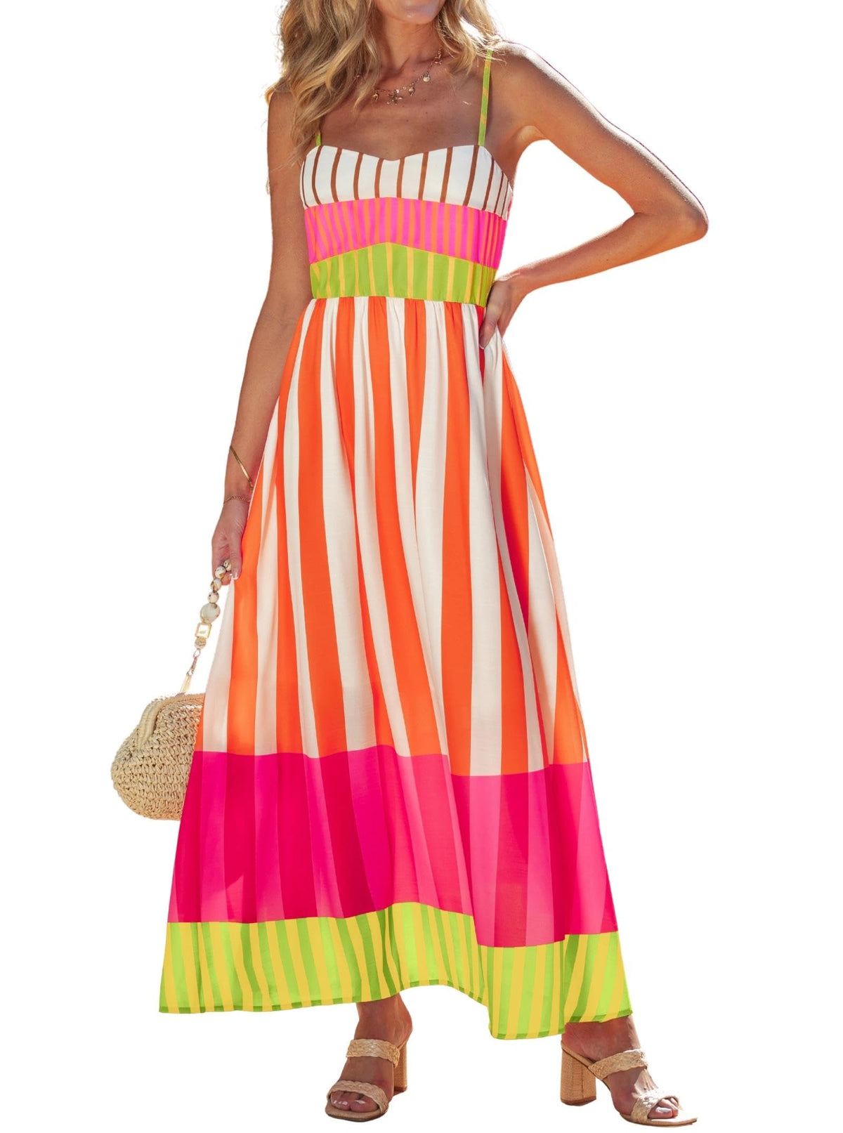 popvil Women Summer Maxi Dress 2026 Spaghetti Strap Long Beach Dress Boho A-Line Flowy Casual Sleeveless Sun Dress