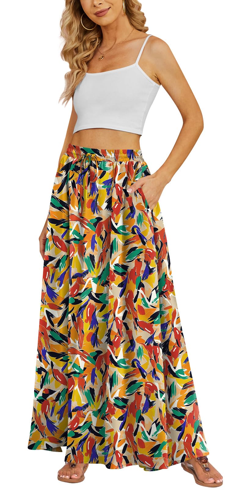 Yincro Women's Flowy Maxi Skirt Summer Pleated High Waisted Casual Long Skirts with Pockets