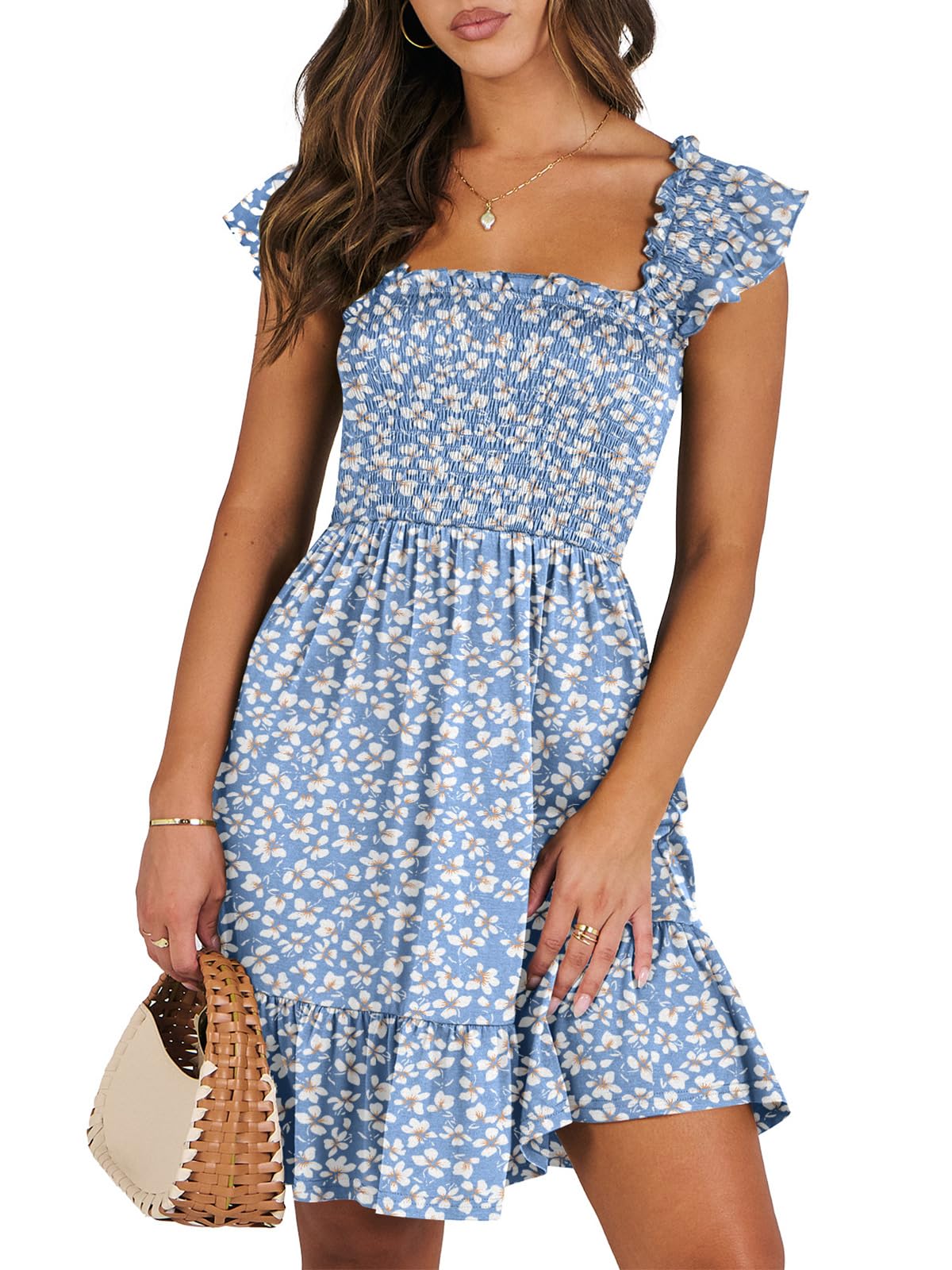 ANRABESS Women's Summer Casual Sleeveless Square Neck Dress 2026 Smocked Ruffle Backless Boho Beach Cute Teen Short Sundress