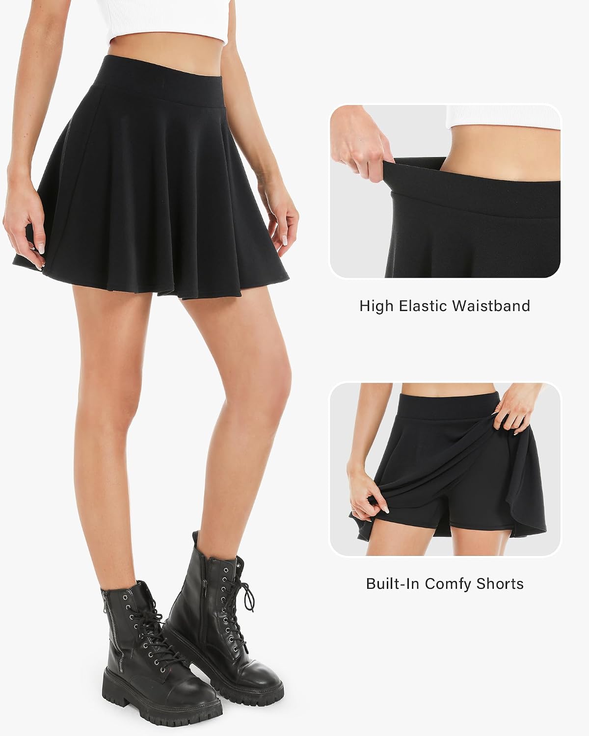 Stelle Women Casual Skater Skirts with Shorts Underneath Basic Versatile Flared Mini Skorts