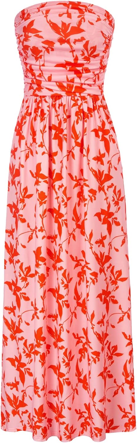 GRACE KARIN Women Strapless Dress Casual Loose Ruched Long Maxi Dress with Pockets