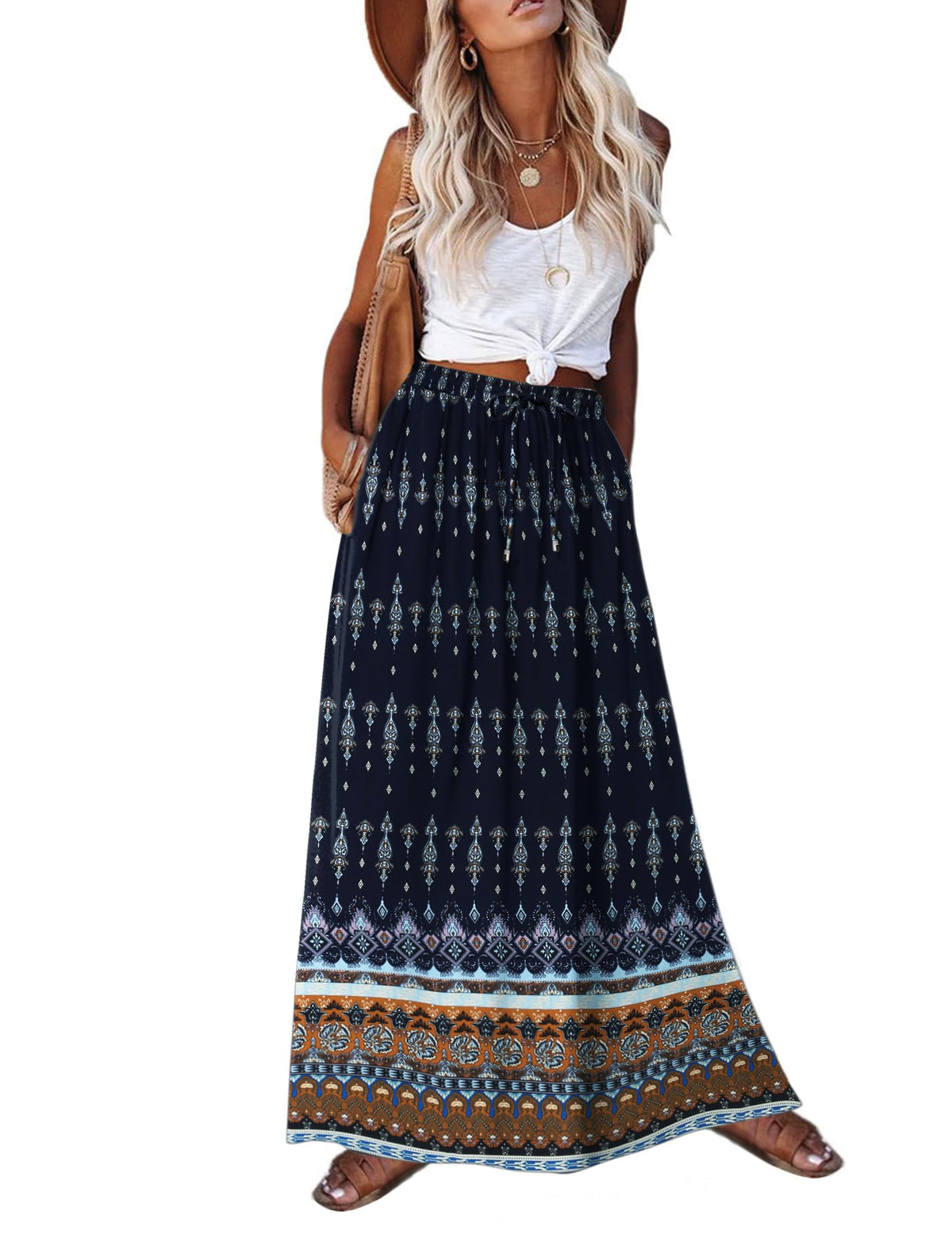 Zeagoo Women's 2026 Boho Floral Skirt Casual Elastic High Waist Maxi Skirts Flowy A Line Beach Long Skirt with Side Pockets
