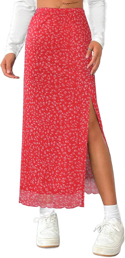Avanova Women's Mesh Slit Split Long Skirts High Waisted Sexy Summer Maxi Skirts