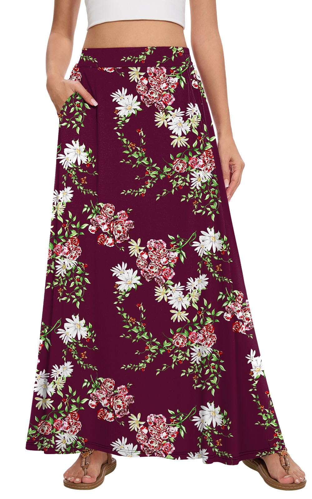 Womens Maxi A-line Long Skirt Casual 2026 Elastic High Waist Flowy Skirts with Pockets