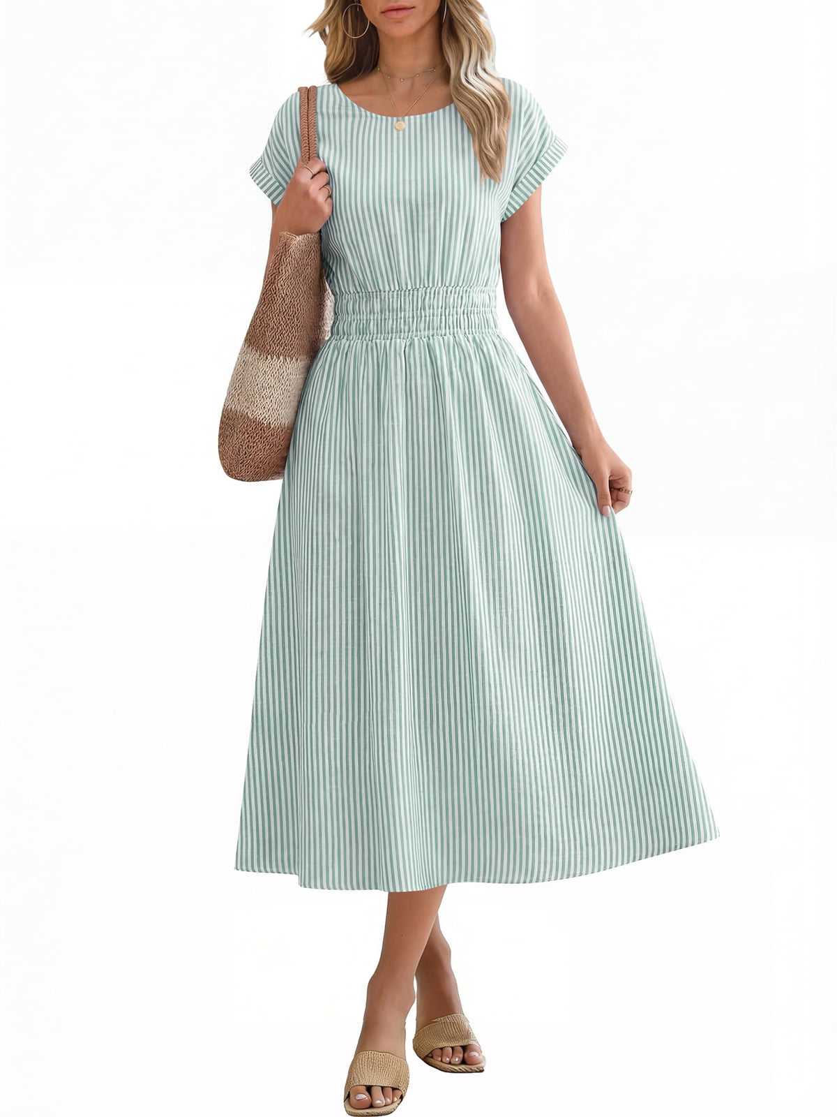 ANRABESS Womens Summer Midi Dress Striped Casual Short Sleeve Crewneck Empire Waist 2026 Flowy Long Beach Dress with Pockets