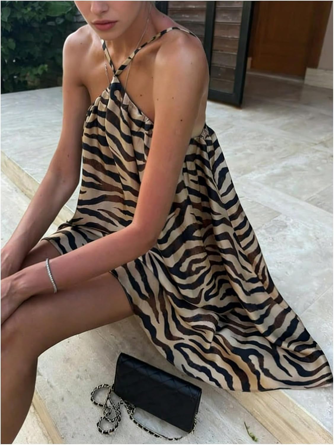 SOLY HUX Women's Summer Halter Dress Animal Printed Backless Flowy Cami Mini Dresses