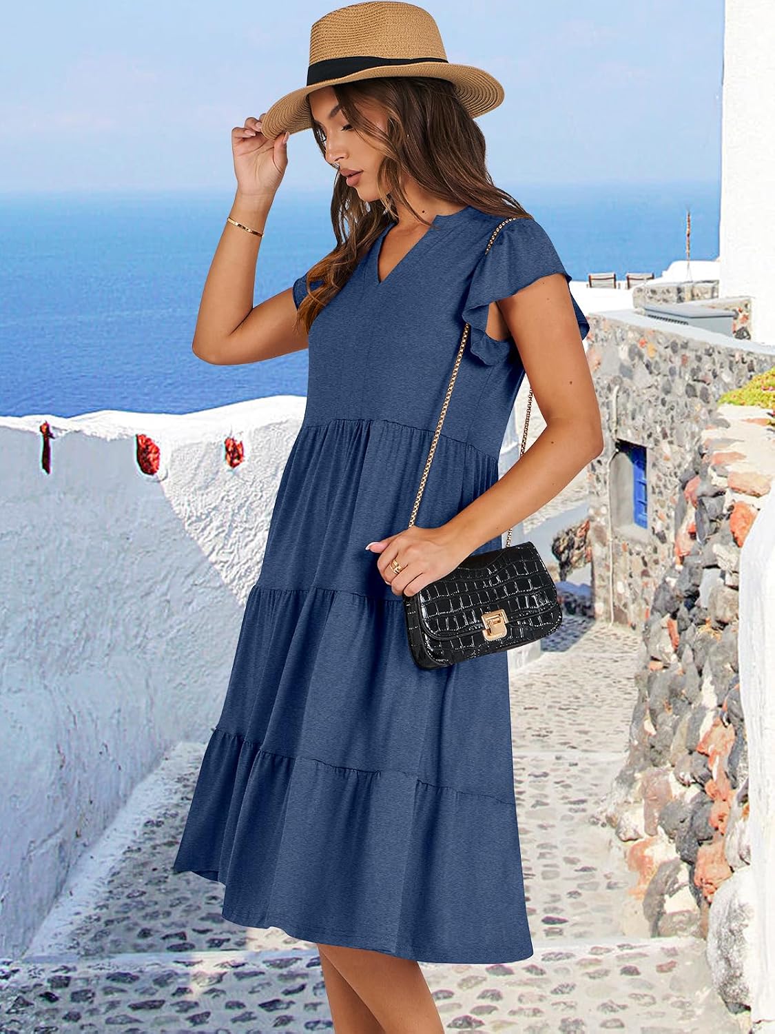ANRABESS Womens Summer Dress Ruffle Sleeve V Neck Midi Dresses Fashion Casual Fit Flowy Tiered Boho Beach Vacation Sundress
