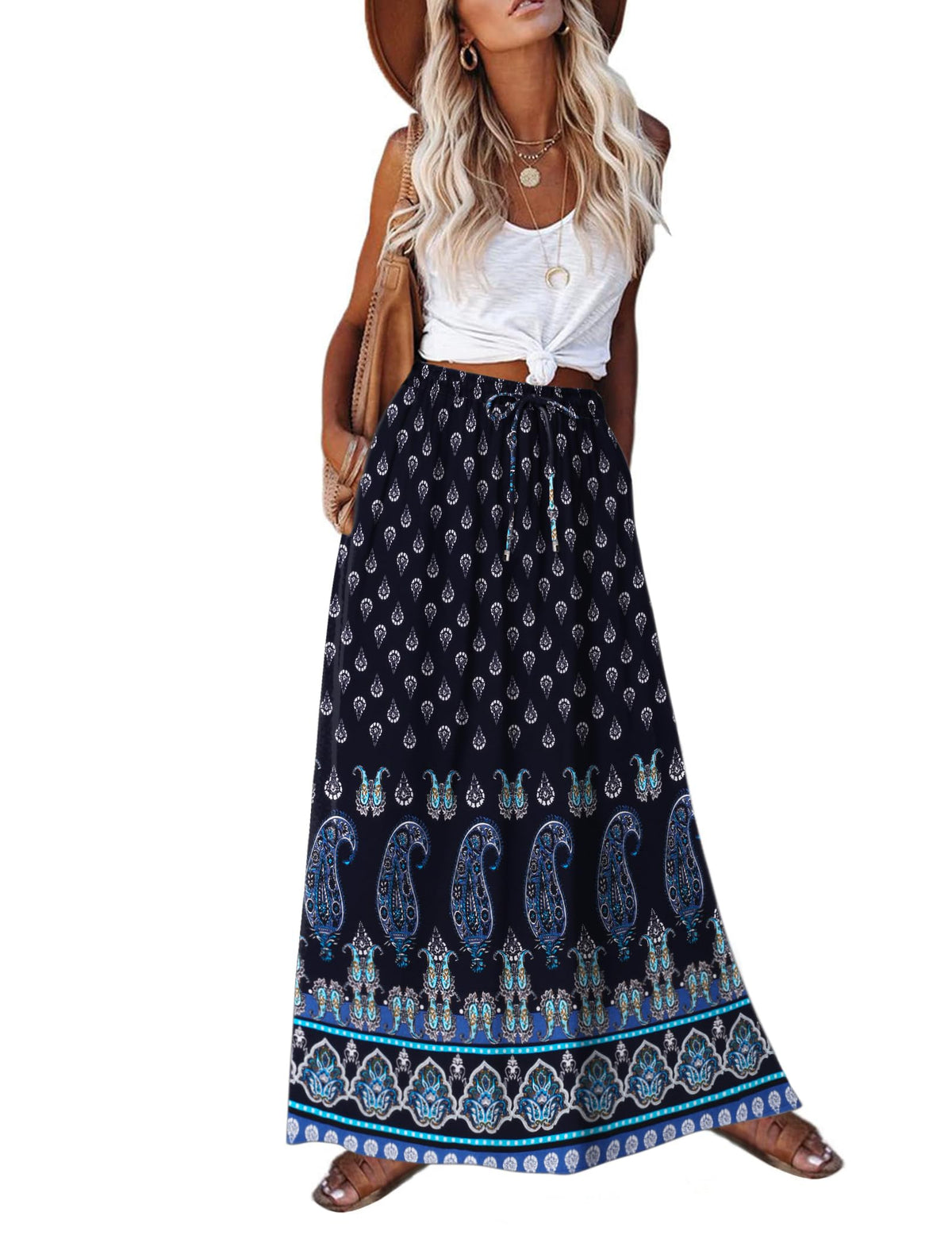 Zeagoo Women's 2026 Boho Floral Skirt Casual Elastic High Waist Maxi Skirts Flowy A Line Beach Long Skirt with Side Pockets