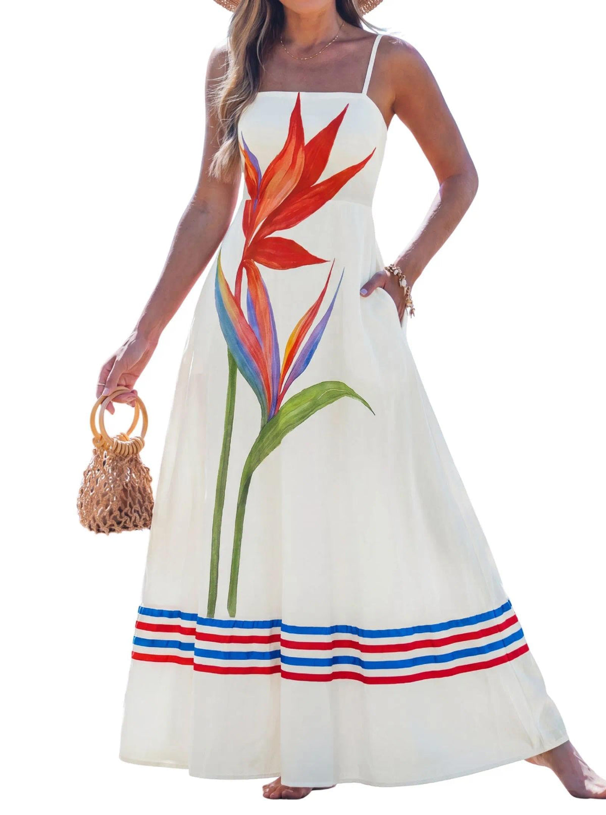 popvil Women Summer Maxi Dress 2026 Spaghetti Strap Long Beach Dress Boho A-Line Flowy Casual Sleeveless Sun Dress