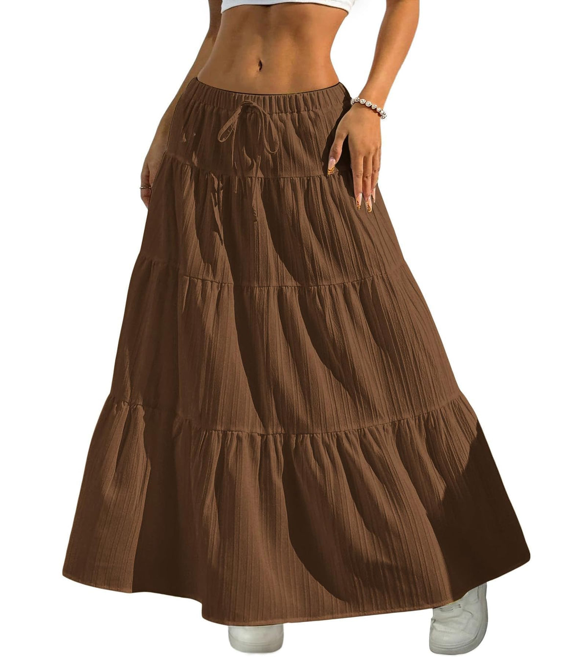 DERAX Women's Boho Flowy White Maxi Skirt Flared Ruffle Elastic Waist Summer A Line 2026 Spring Long Skirts