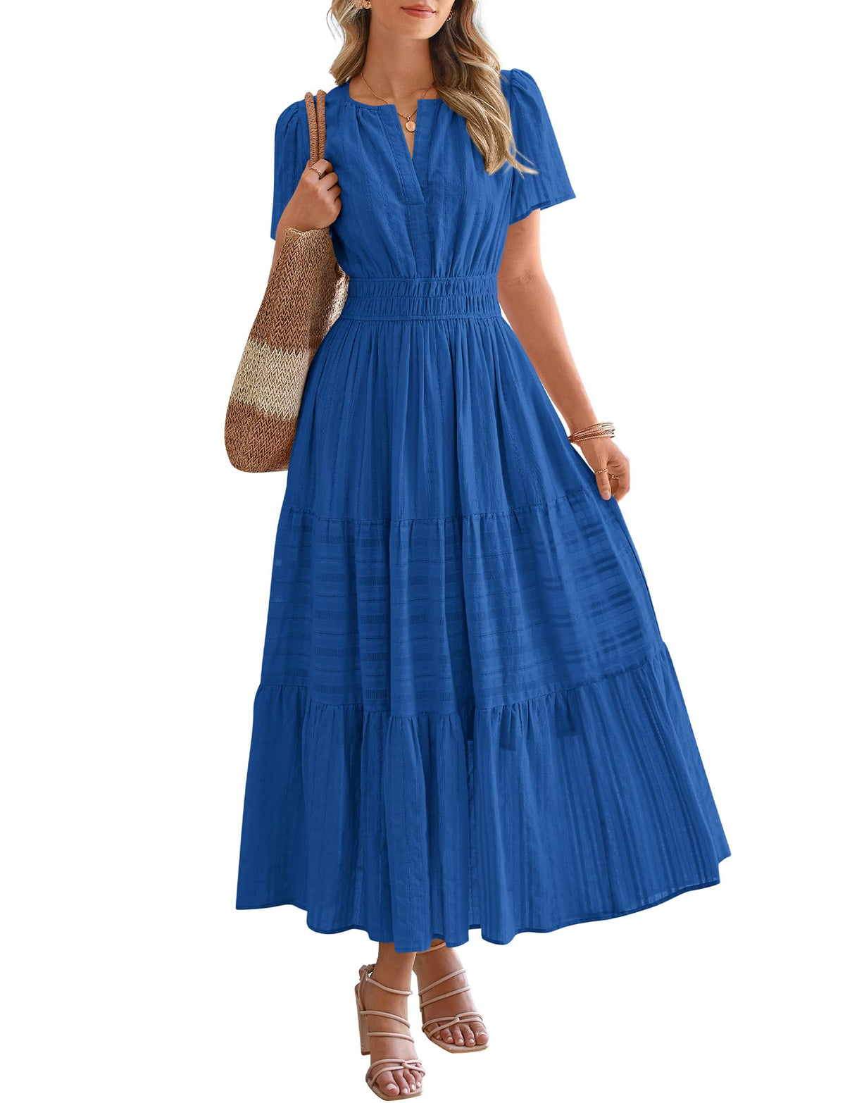 BTFBM Womens Summer 2026 Casual Midi Maxi Dresses Lightweight Short Sleeve V Neck Elastic Waist Boho Beach Dress Pockets