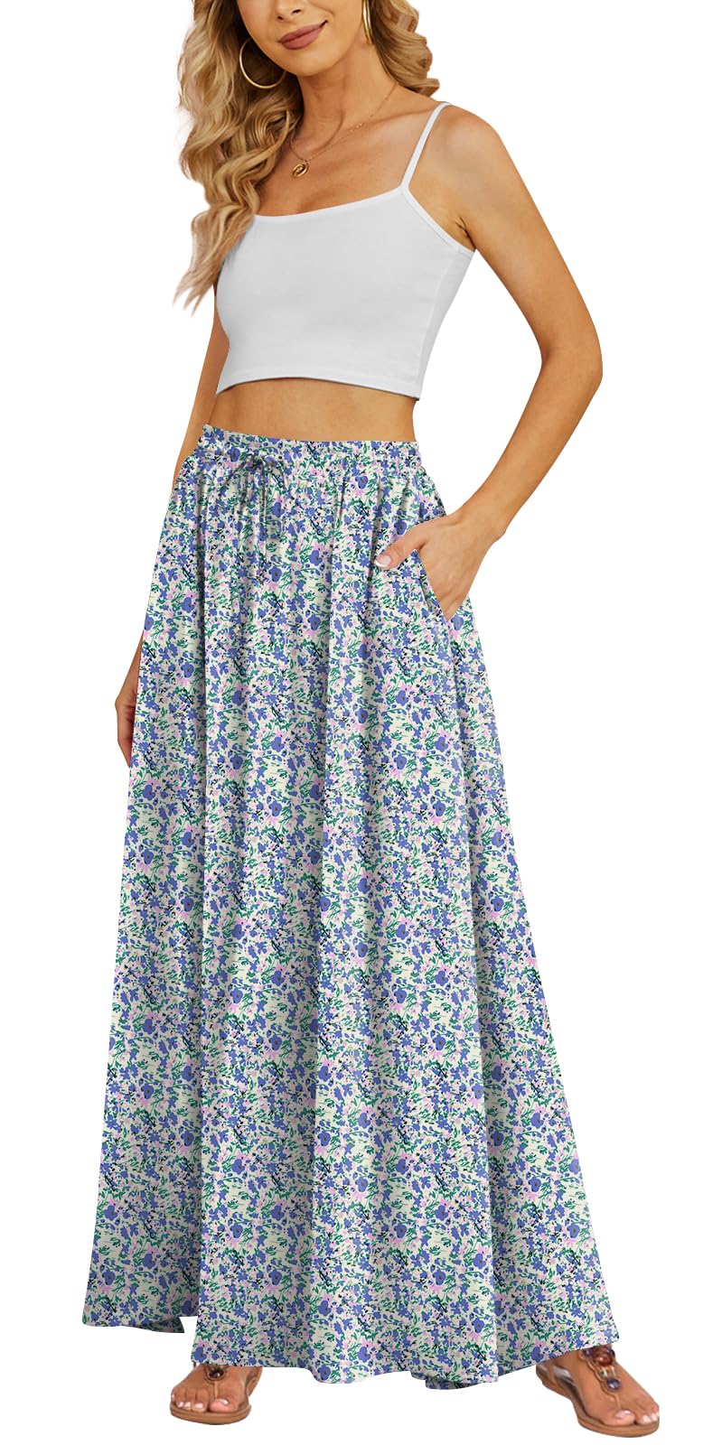 Yincro Women's Flowy Maxi Skirt Summer Pleated High Waisted Casual Long Skirts with Pockets