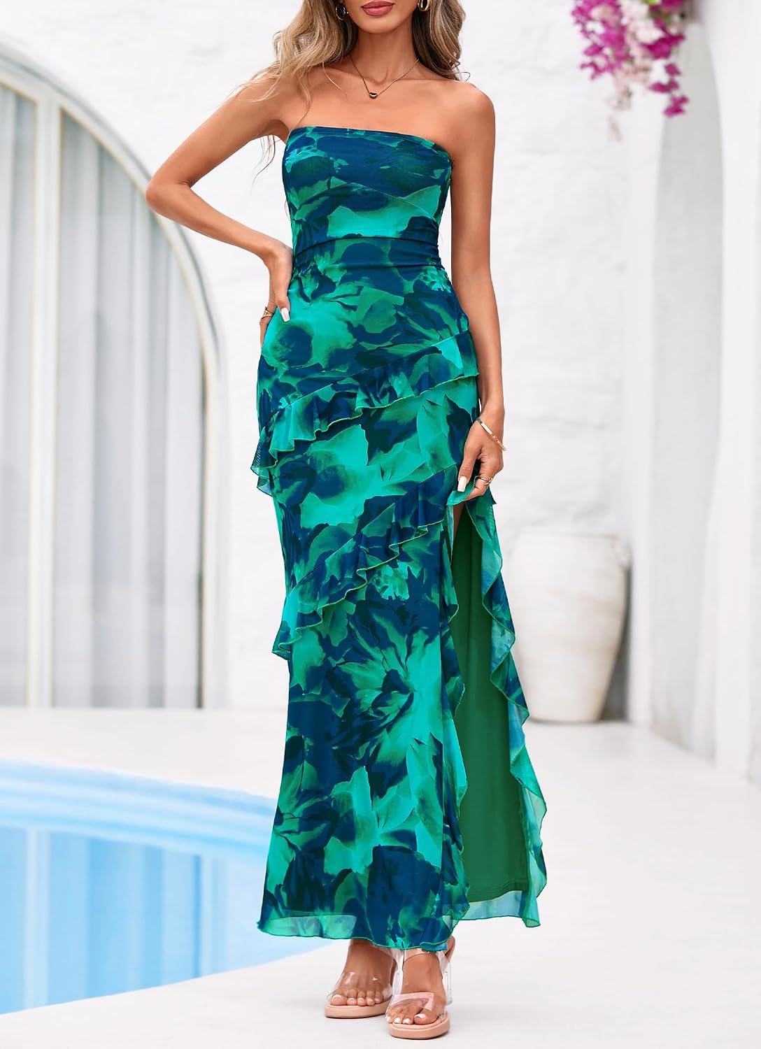 BTFBM Off The Shoulder Dresses for Women Summer 2026 Strapless Ruffle Slit Formal Wedding Guest Dress Cocktail Party