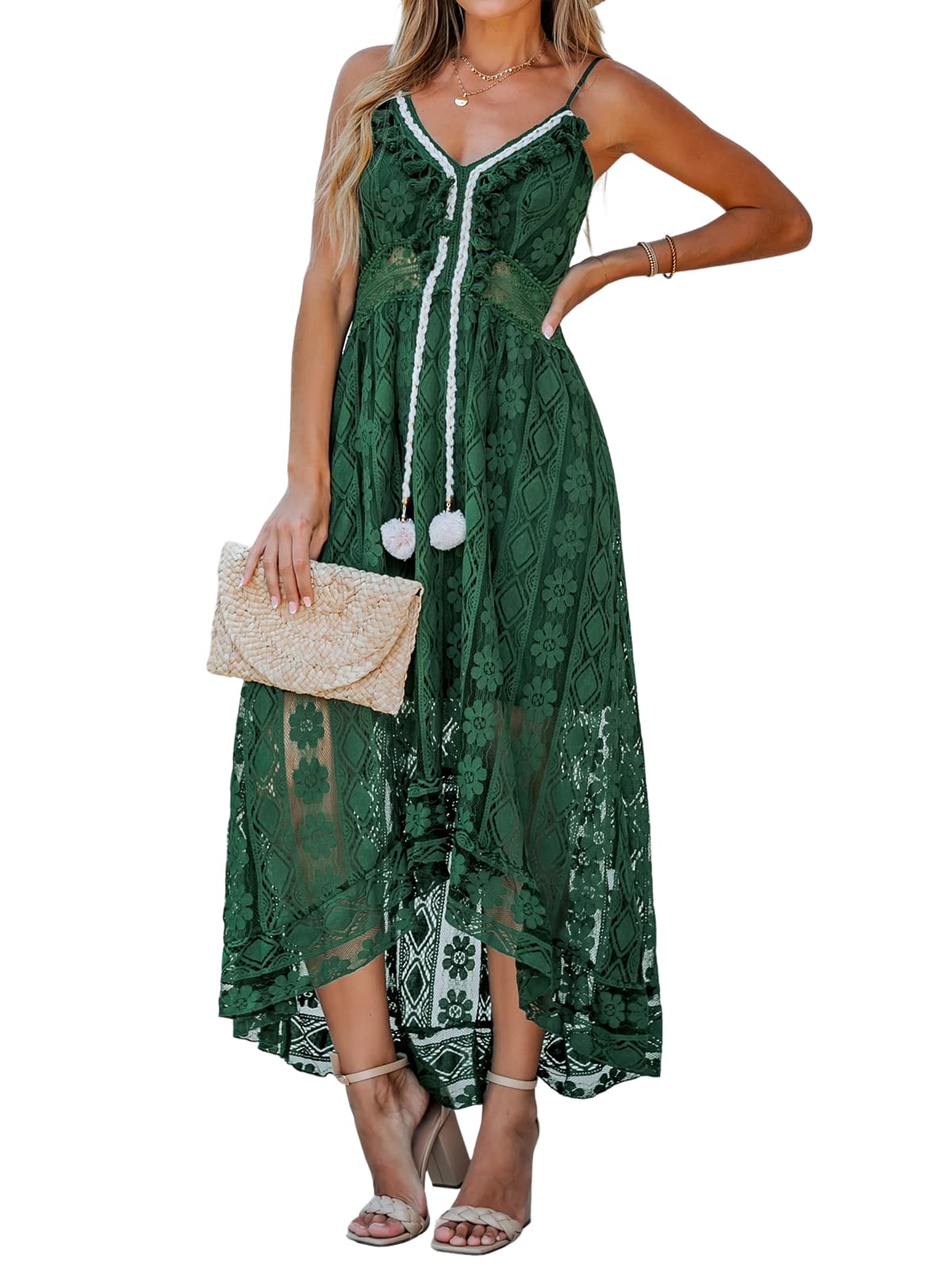 CUPSHE Maxi Summer Dress for Women Lace V Neck Sleeveless Sundress Boho Crochet Tassel Flowy Beach Vacation Graduation Dress
