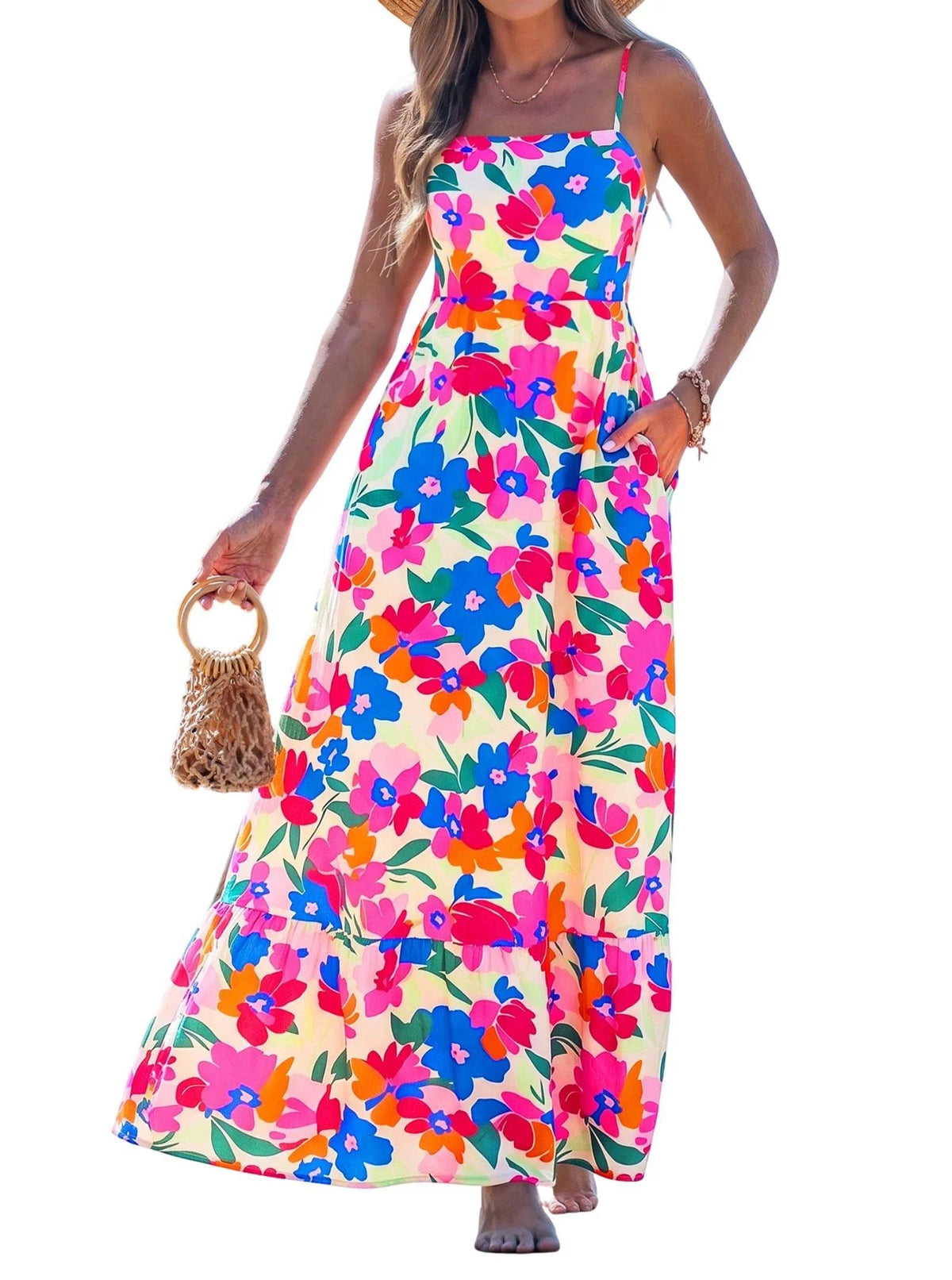 popvil Women Summer Maxi Dress 2026 Spaghetti Strap Long Beach Dress Boho A-Line Flowy Casual Sleeveless Sun Dress