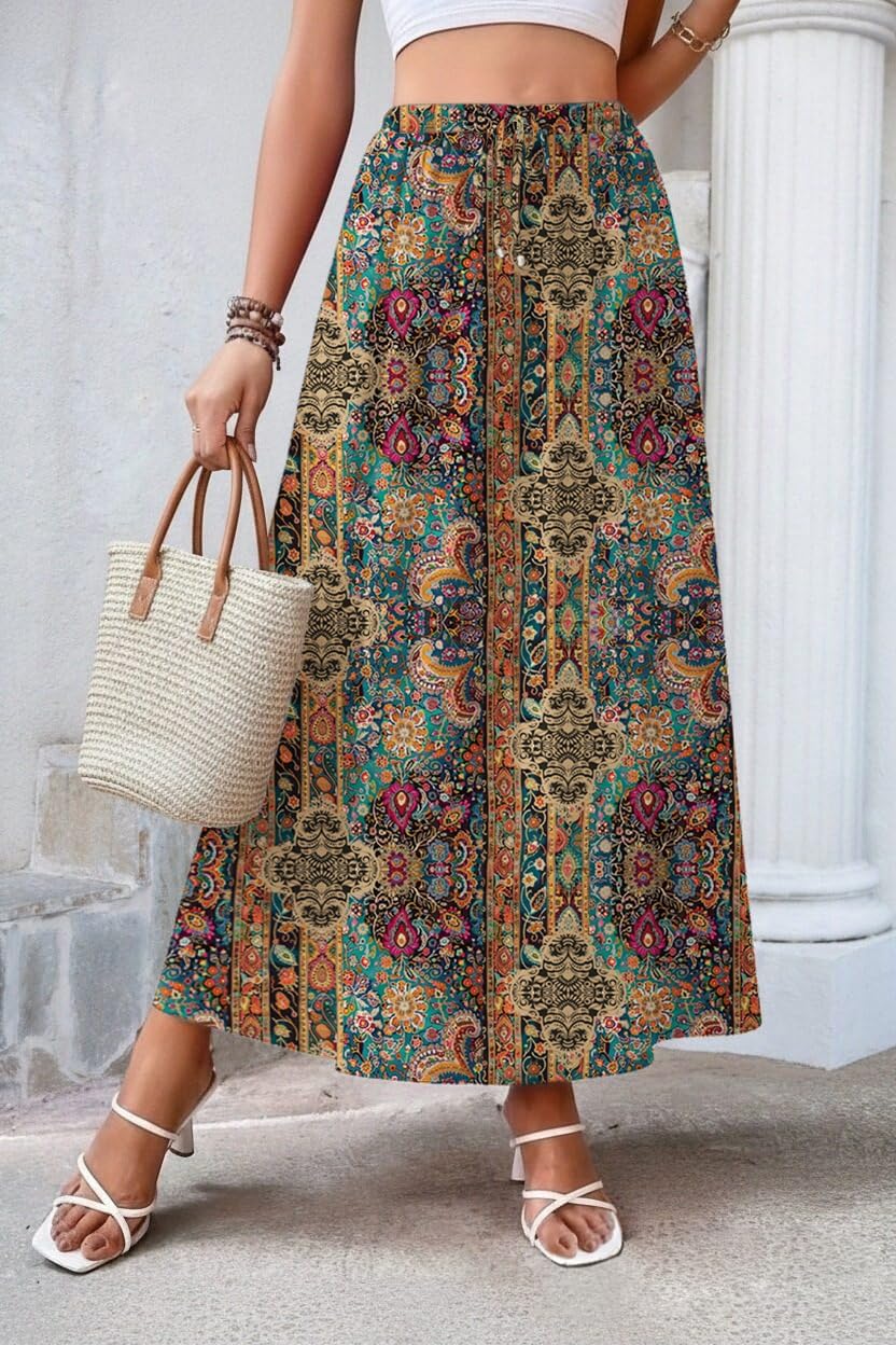 Zeagoo Women's 2026 Boho Floral Skirt Casual Elastic High Waist Maxi Skirts Flowy A Line Beach Long Skirt with Side Pockets