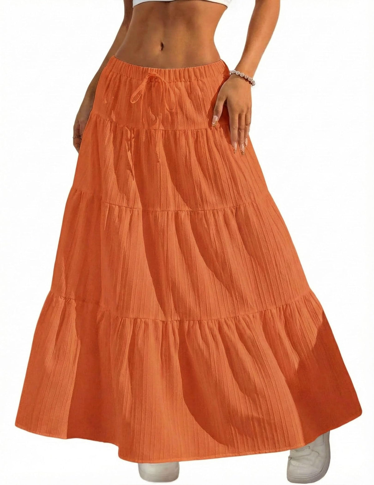DERAX Women's Boho Flowy White Maxi Skirt Flared Ruffle Elastic Waist Summer A Line 2026 Spring Long Skirts