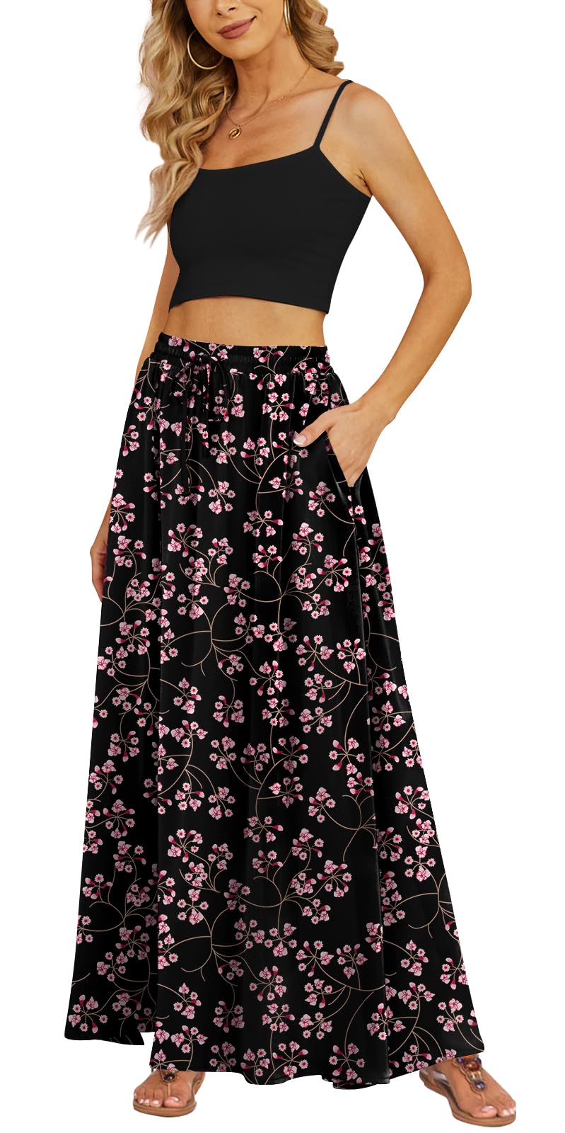 Yincro Women's Flowy Maxi Skirt Summer Pleated High Waisted Casual Long Skirts with Pockets