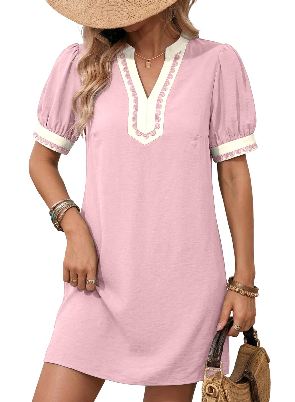 Dokotoo Summer Dresses for Women 2026 Boho Floral Puff Short Sleeve V Neck Trim Casual Mini Dress Sundress