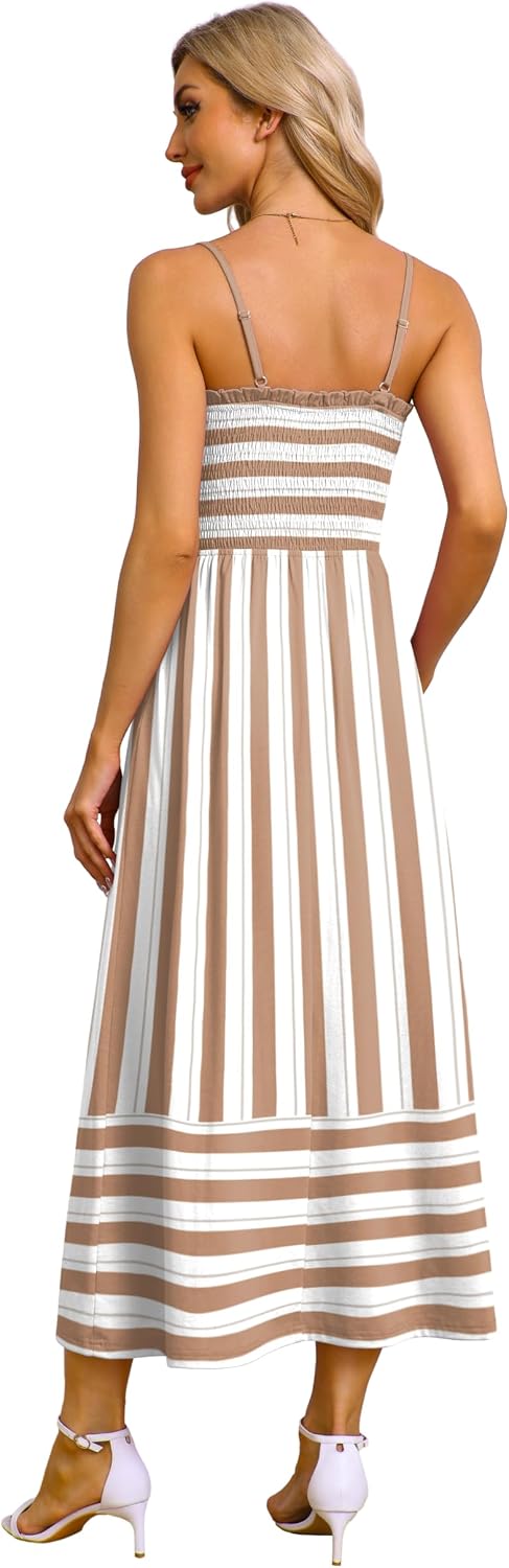 OFEEFAN Womens Spaghetti Strap Maxi Dresses Smocked with Pockets 2026 Summer Spring Casual Boho Beach Long Sundresses