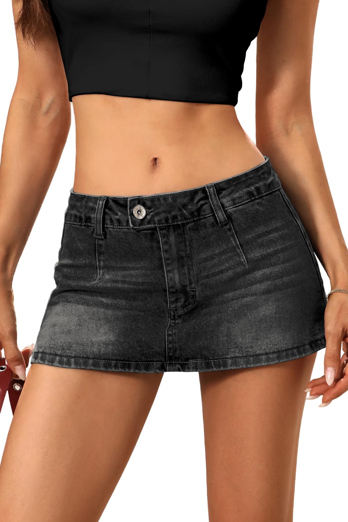 ELLEVEN Low Rise Denim Mini Skirt for Women, High Stretch Jean Skirt with Shorts Underneath Y2k Micro Skort