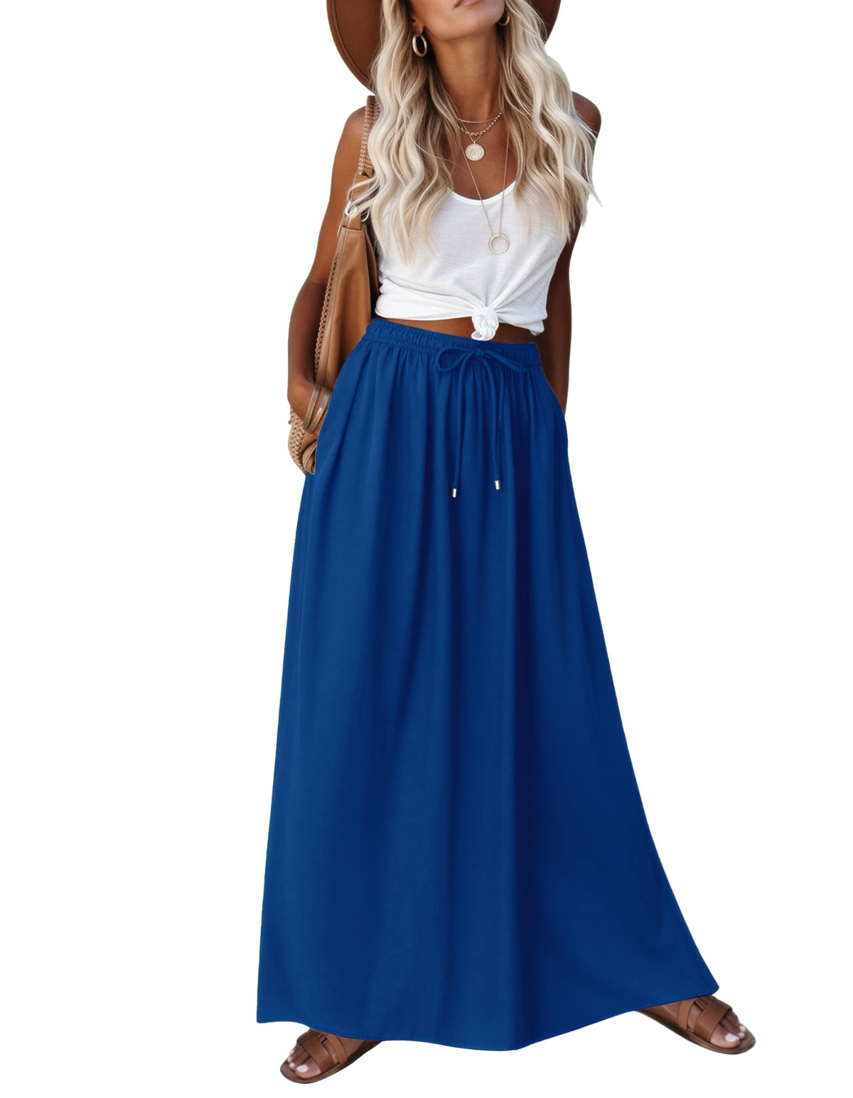 Zeagoo Women's 2026 Boho Floral Skirt Casual Elastic High Waist Maxi Skirts Flowy A Line Beach Long Skirt with Side Pockets