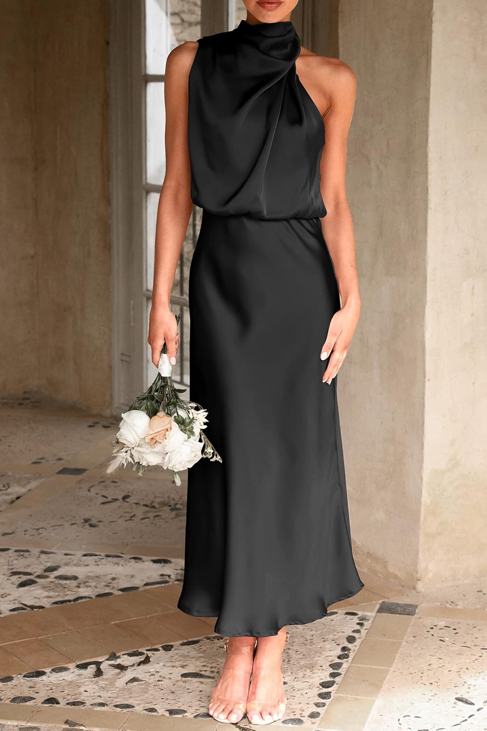 PRETTYGARDEN Women's 2026 Summer Satin Dress Elegant Sleeveless Mock Neck Cocktail Party Maxi Dresses