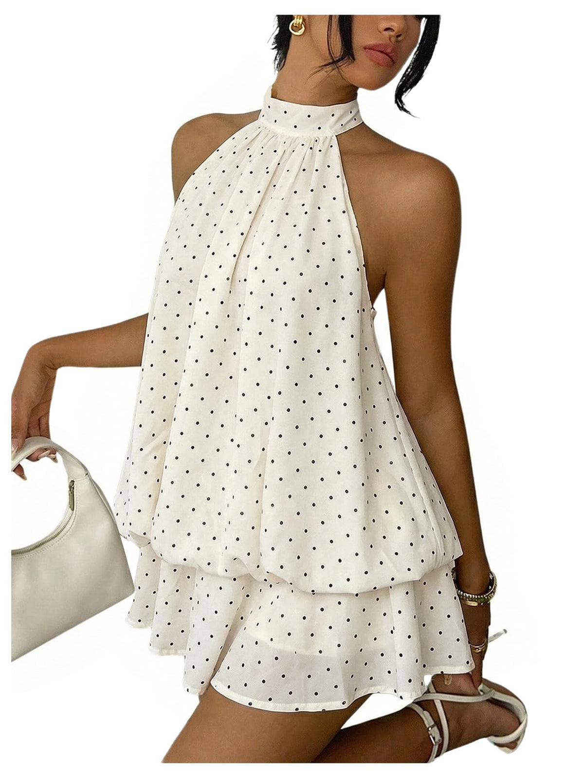 Verdusa Women's Chiffon Halter Drop Waist Wedding Guest Dresses Ruffle Summer Loose Fit Mini Dress Brunch Outfits