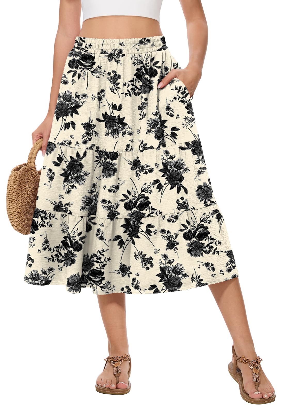 Women's Summer Midi Skirt High Elastic Waist Flowy Ruffle Casual Boho A-Line Skirts with Pockets