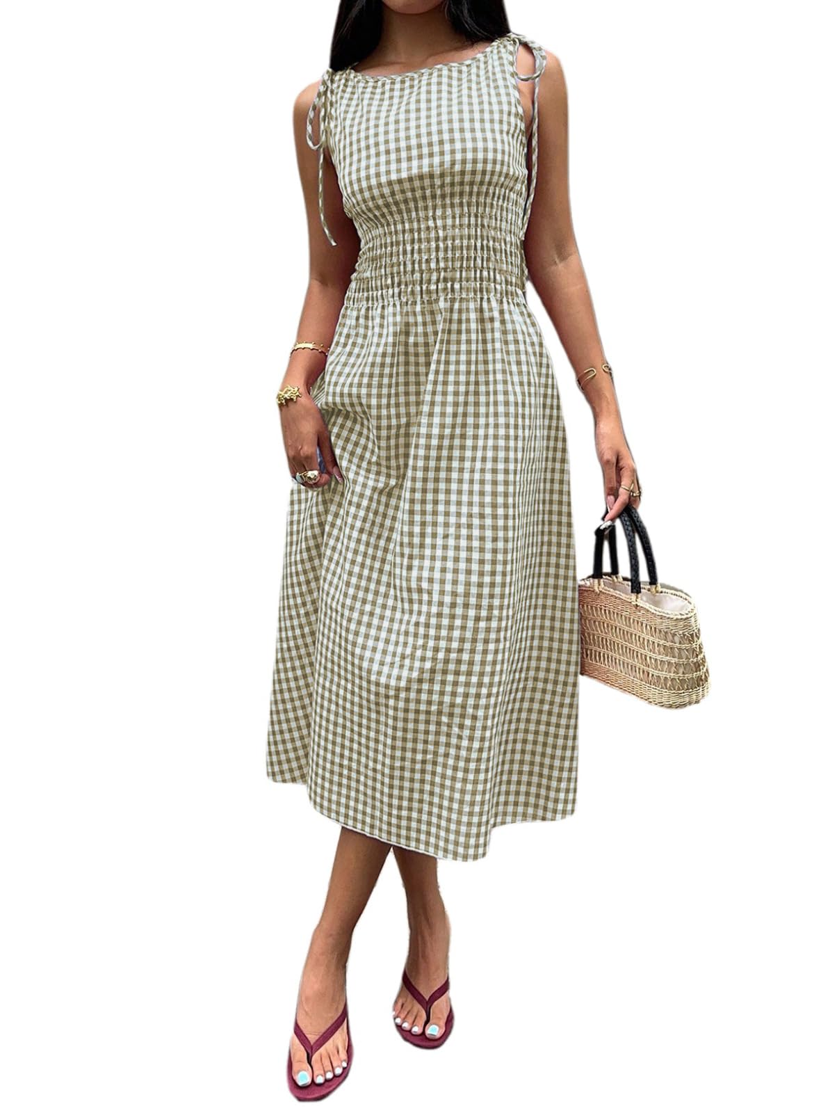 Acelitt Summer Maxi Dresses for Women 2026 Smocked Waist Gingham Dress Flowy A Line Beach Long Sundresses with Pockets