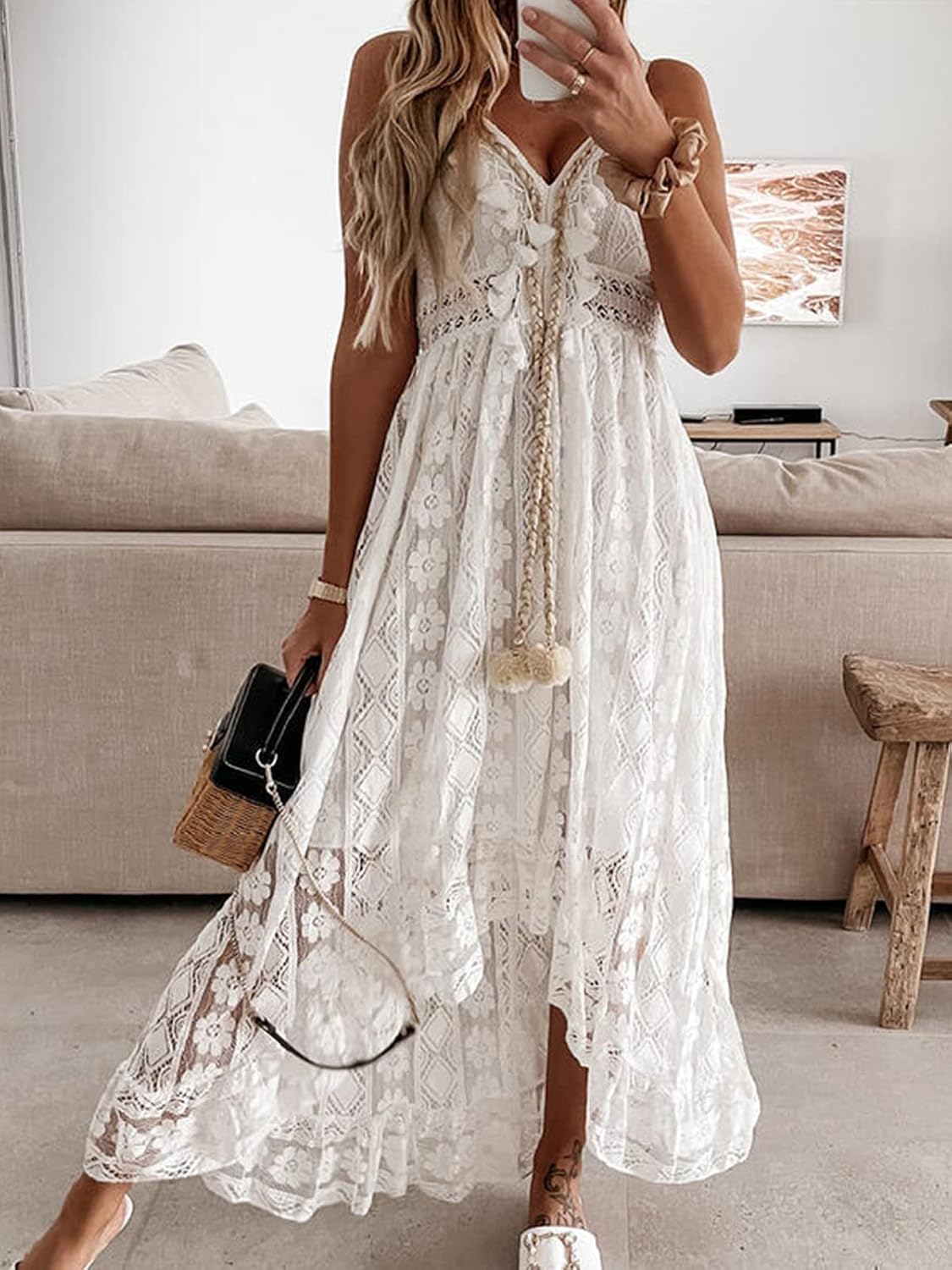 CUPSHE Maxi Summer Dress for Women Lace V Neck Sleeveless Sundress Boho Crochet Tassel Flowy Beach Vacation Graduation Dress