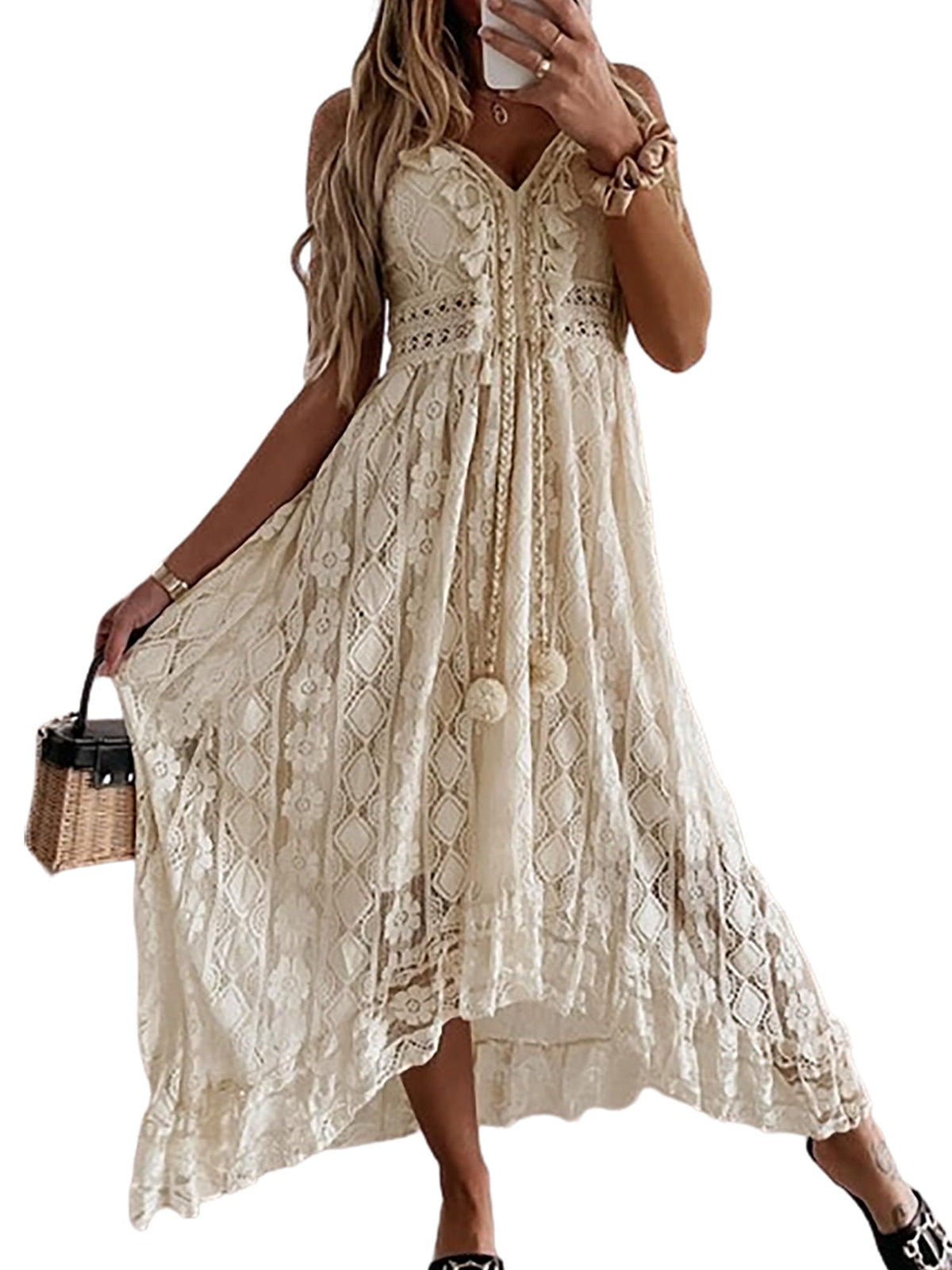 CUPSHE Maxi Summer Dress for Women Lace V Neck Sleeveless Sundress Boho Crochet Tassel Flowy Beach Vacation Graduation Dress