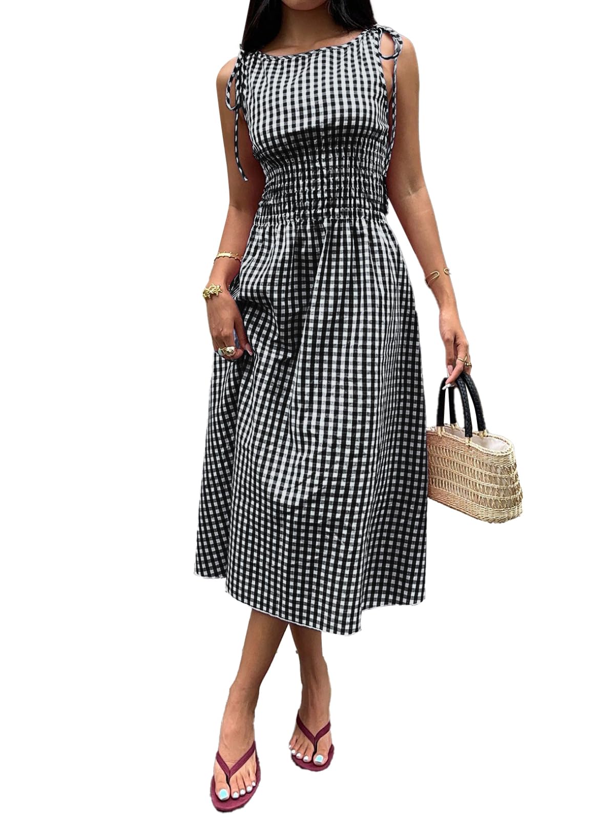 Acelitt Summer Maxi Dresses for Women 2026 Smocked Waist Gingham Dress Flowy A Line Beach Long Sundresses with Pockets
