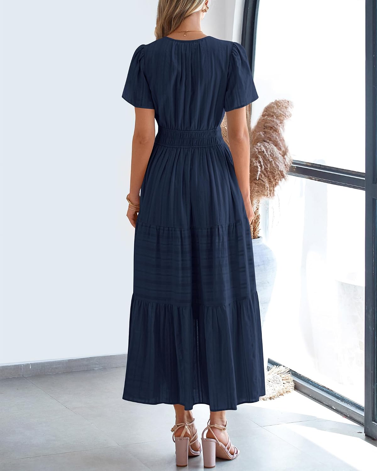 BTFBM Womens Summer 2026 Casual Midi Maxi Dresses Lightweight Short Sleeve V Neck Elastic Waist Boho Beach Dress Pockets
