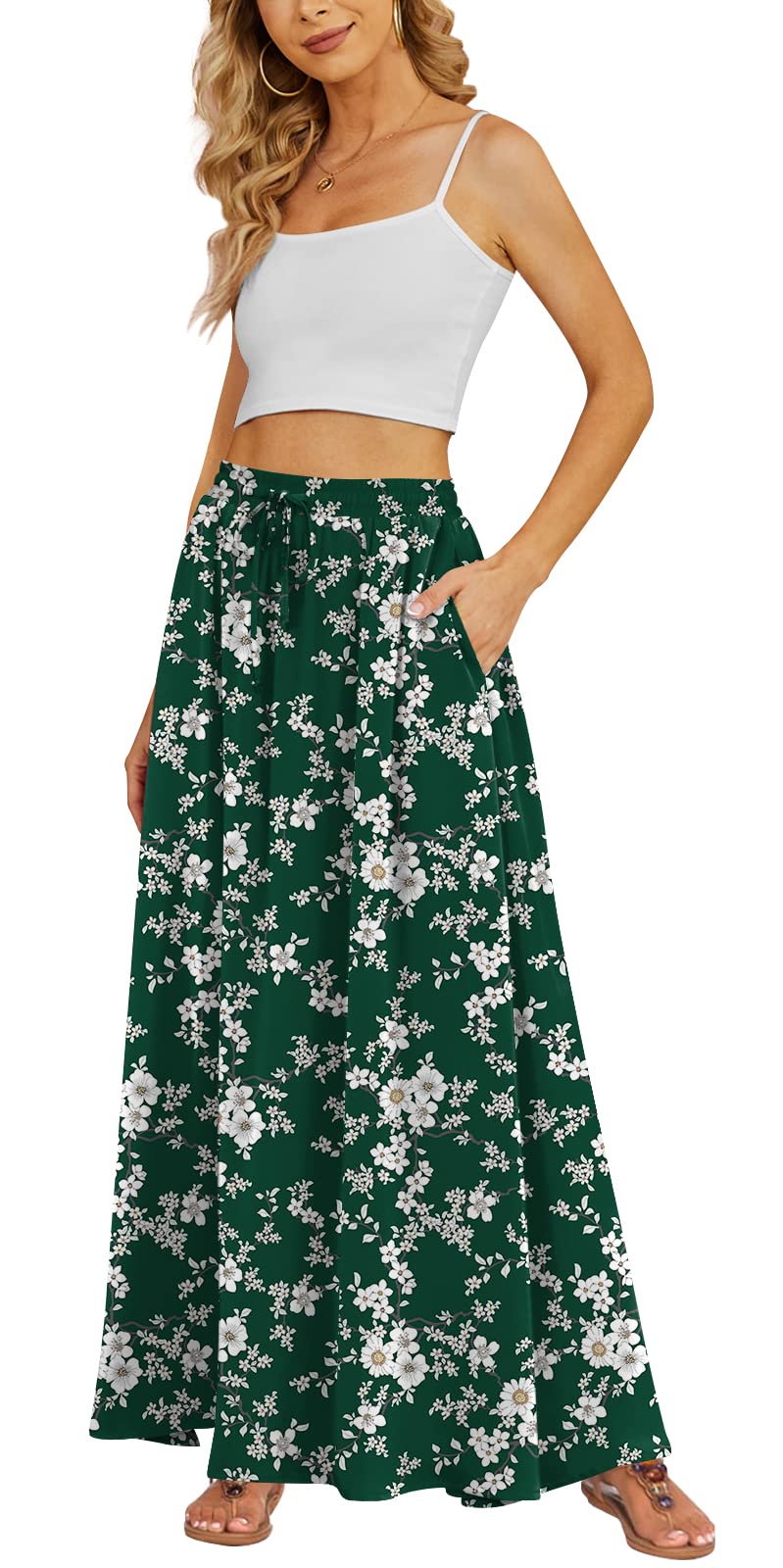 Yincro Women's Flowy Maxi Skirt Summer Pleated High Waisted Casual Long Skirts with Pockets
