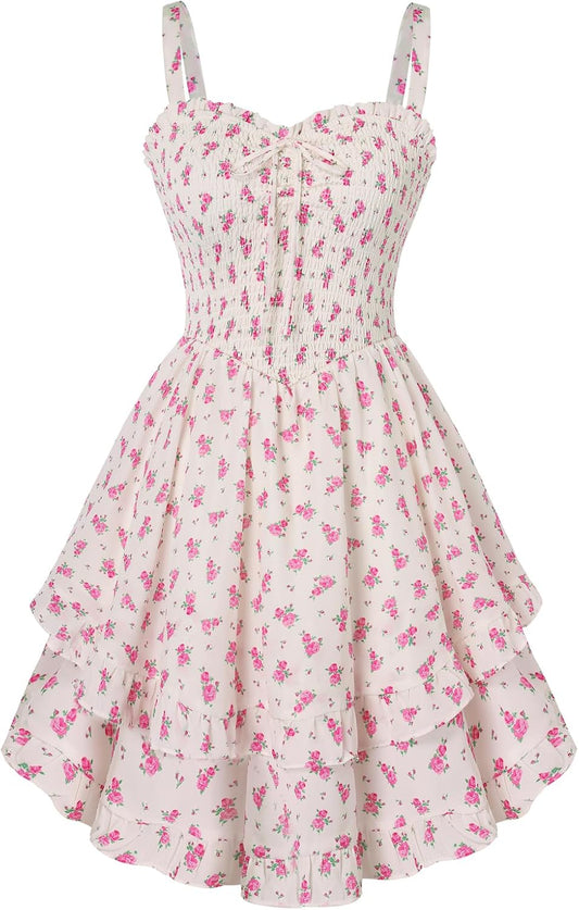 Scarlet Darkness Smocked Floral Sundresses for Women Teens 2026 Summer Flowy Ruffle Mini Dress