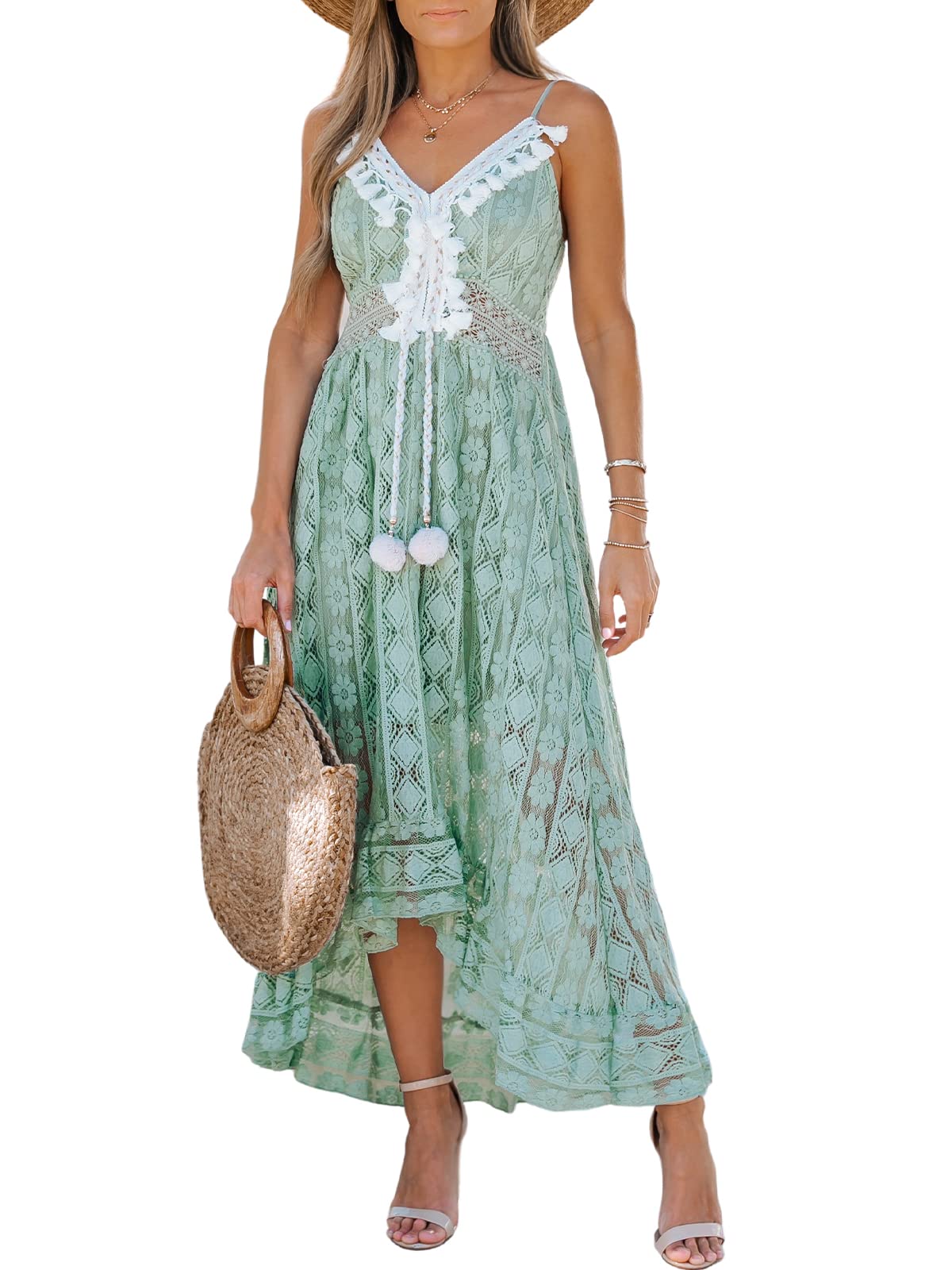 CUPSHE Maxi Summer Dress for Women Lace V Neck Sleeveless Sundress Boho Crochet Tassel Flowy Beach Vacation Graduation Dress
