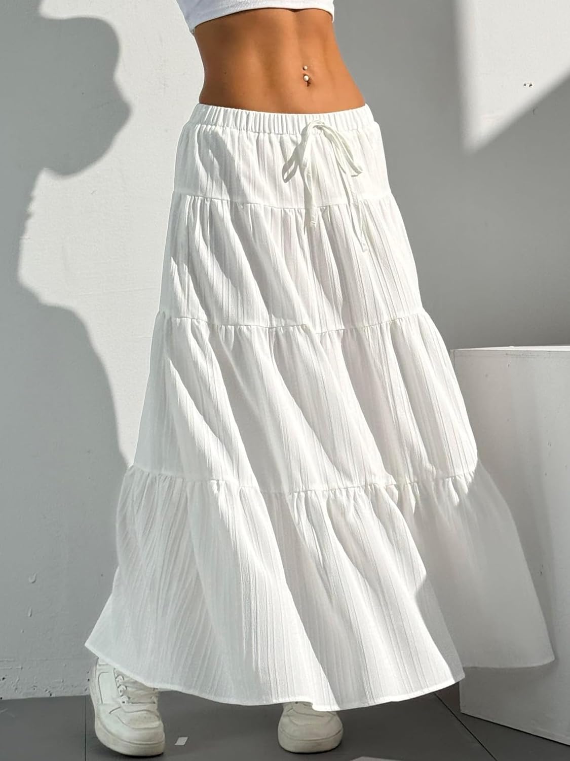 DERAX Women's Boho Flowy White Maxi Skirt Flared Ruffle Elastic Waist Summer A Line 2026 Spring Long Skirts