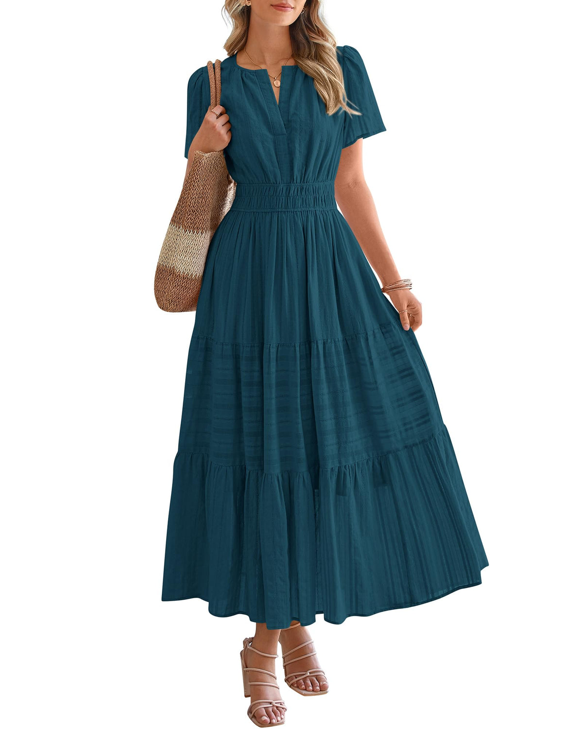 BTFBM Womens Summer 2026 Casual Midi Maxi Dresses Lightweight Short Sleeve V Neck Elastic Waist Boho Beach Dress Pockets