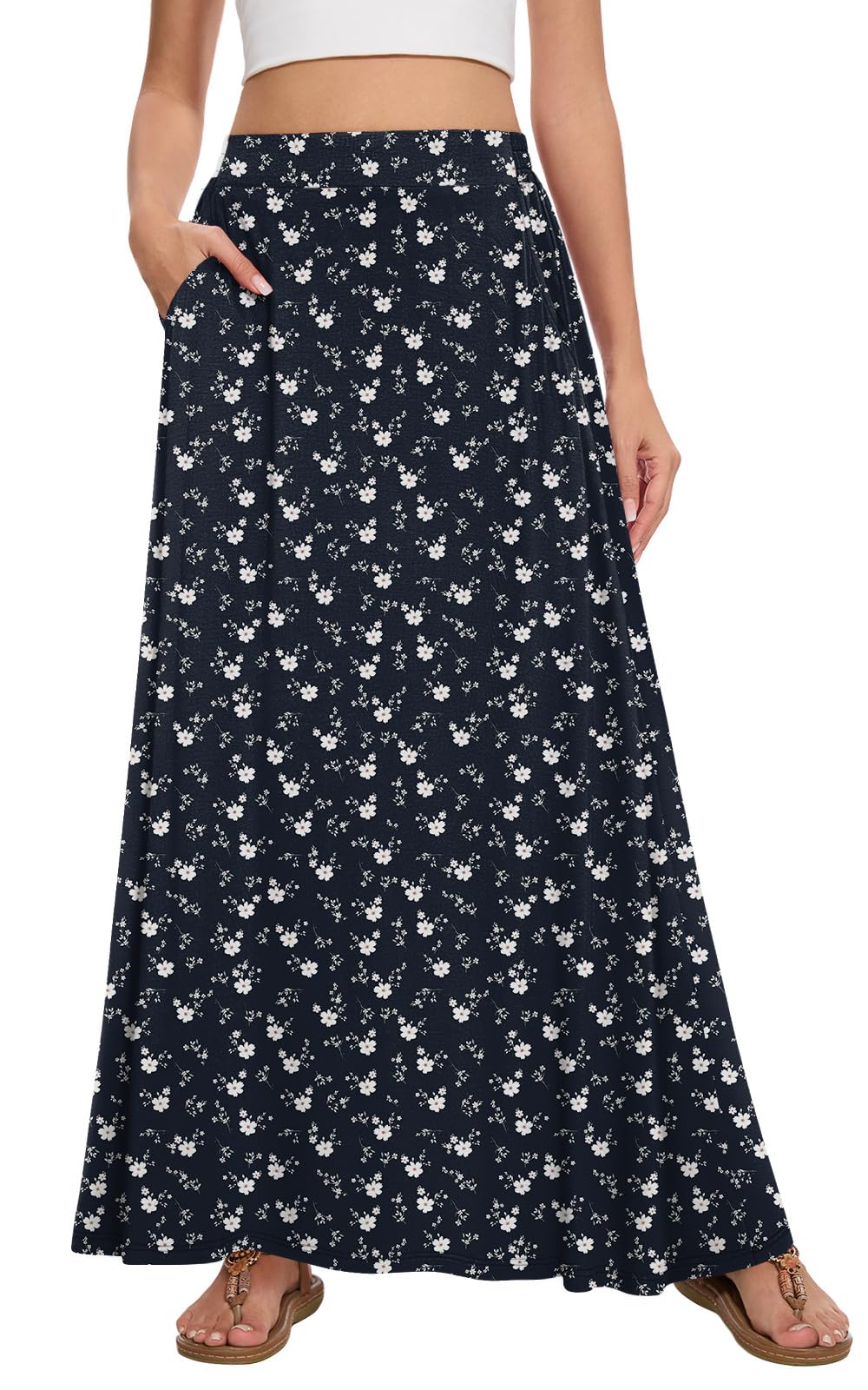 Womens Maxi A-line Long Skirt Casual 2026 Elastic High Waist Flowy Skirts with Pockets