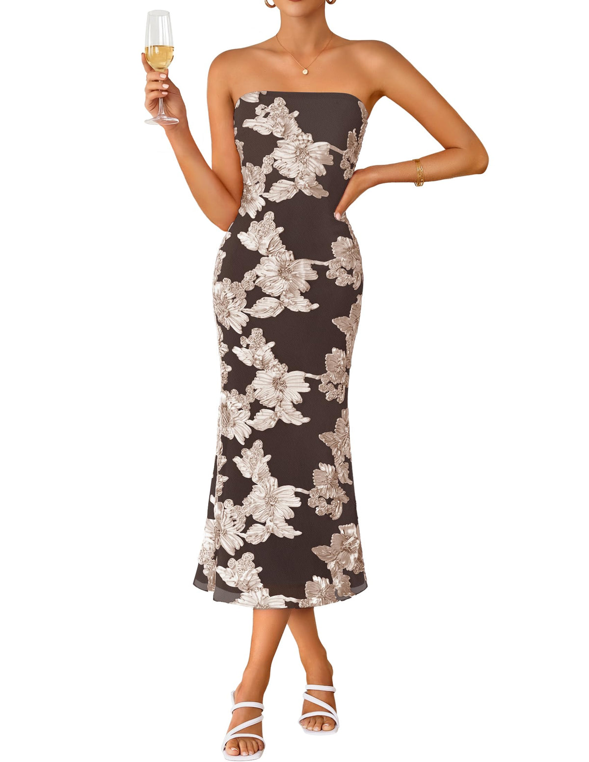 ZESICA Cocktail Wedding Guest Dresses for Women 2026 Summer Strapless Floral Bodycon Mesh Tube Formal Party Midi Dress