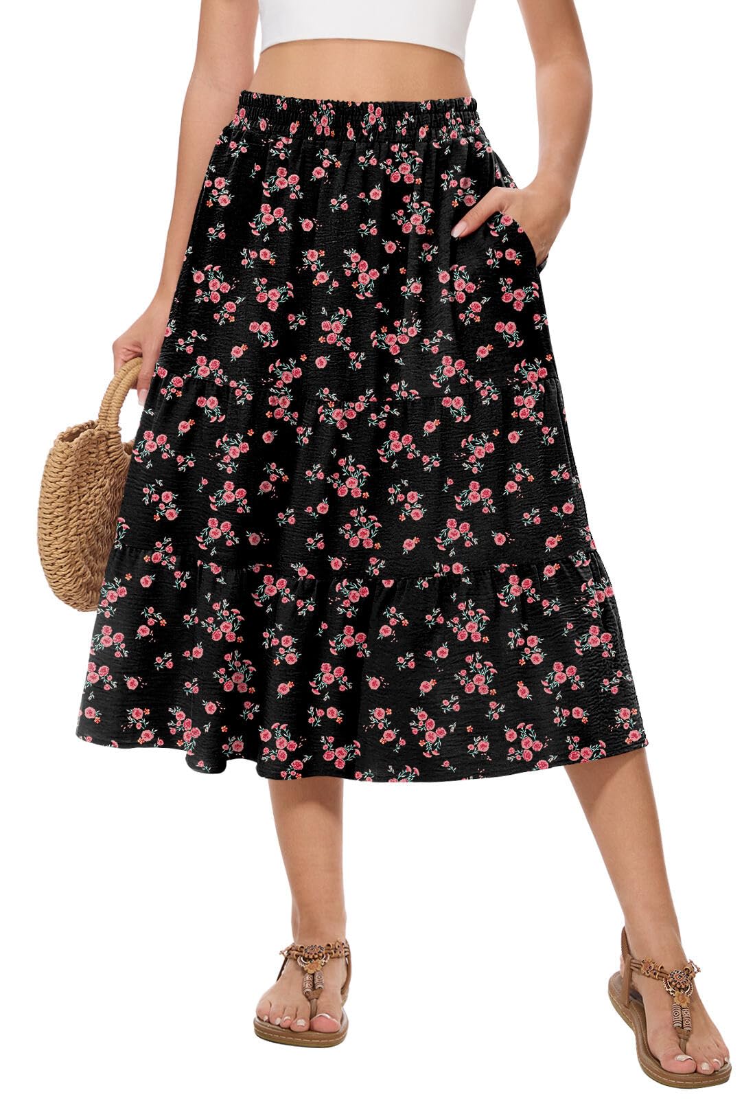 Women's Summer Midi Skirt High Elastic Waist Flowy Ruffle Casual Boho A-Line Skirts with Pockets