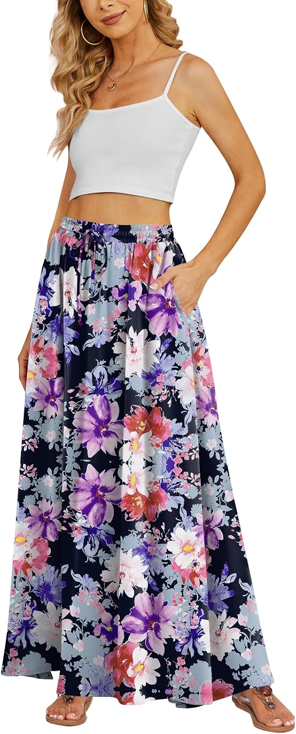 Yincro Women's Flowy Maxi Skirt Summer Pleated High Waisted Casual Long Skirts with Pockets