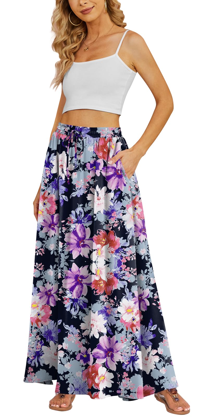 Yincro Women's Flowy Maxi Skirt Summer Pleated High Waisted Casual Long Skirts with Pockets