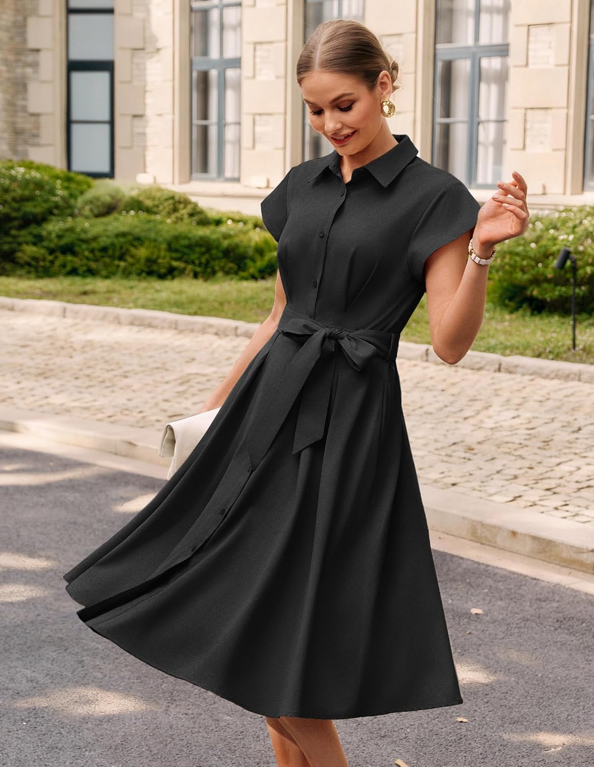 GRACE KARIN Womens Short Sleeve Shirt Dresses 2026 Summer Midi Button Down Dress Work Business Casual Dress with Pockets