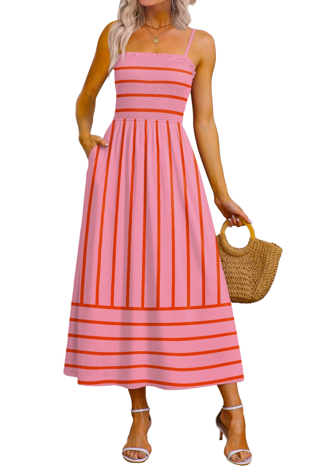 OFEEFAN Womens Spaghetti Strap Maxi Dresses Smocked with Pockets 2026 Summer Spring Casual Boho Beach Long Sundresses