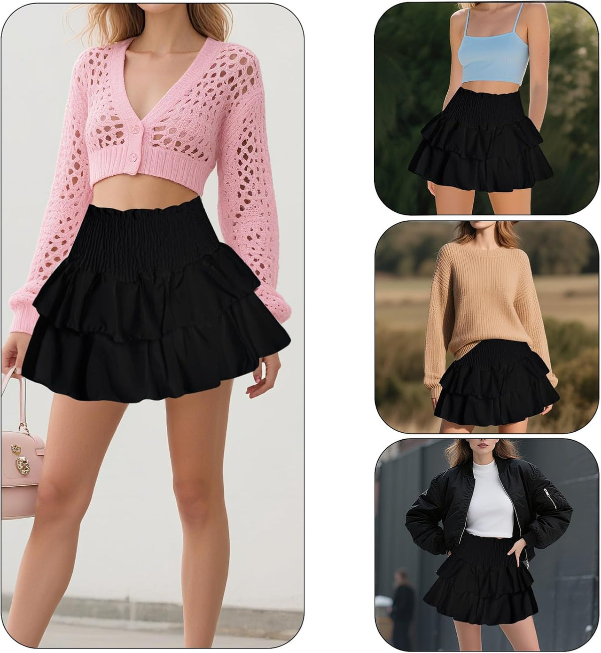 Rbenxia Women's High Waist Ruffle Cute Mini Skirt with Lined, Stretchy Flowy Layered Pleated Casual Beach Mini Short Skirt
