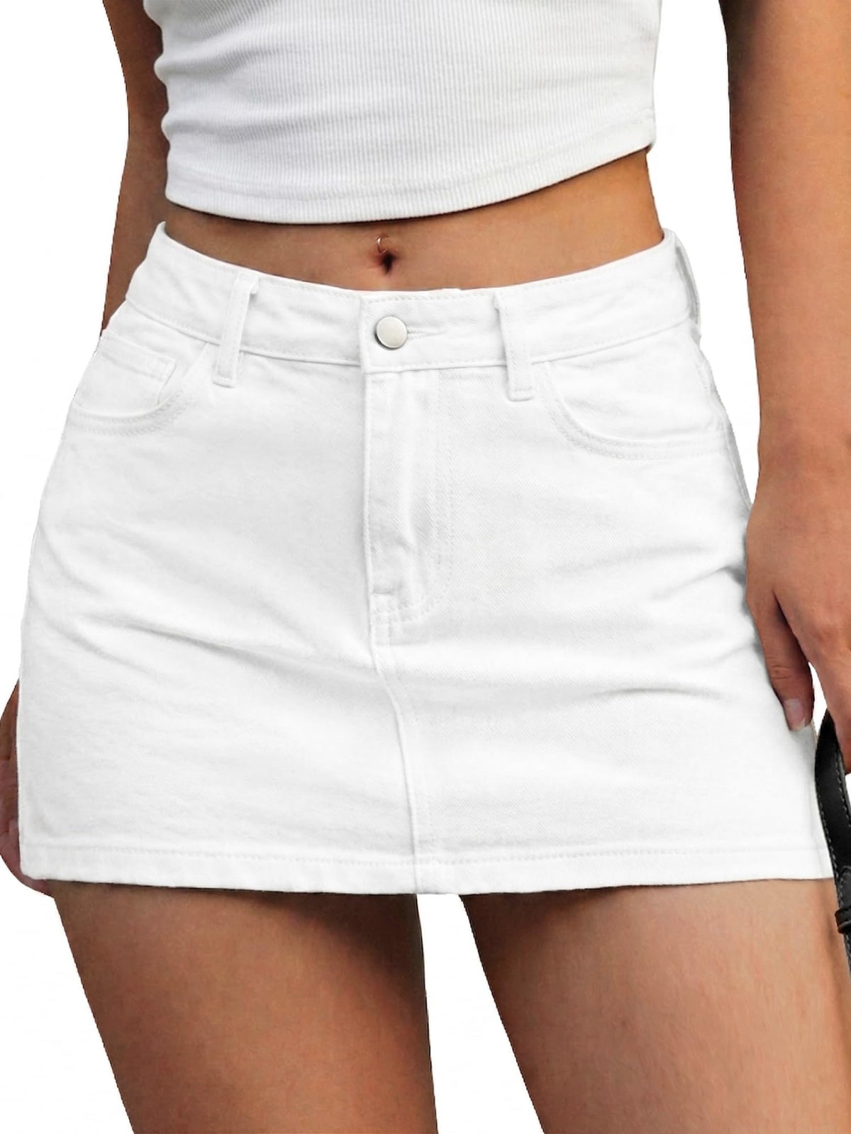 ELLEVEN Denim Mini Skirt for Women, High Stretch Low Waist Jean Skirt with Shorts Underneath Sexy Bodycon Casual Micro Skort