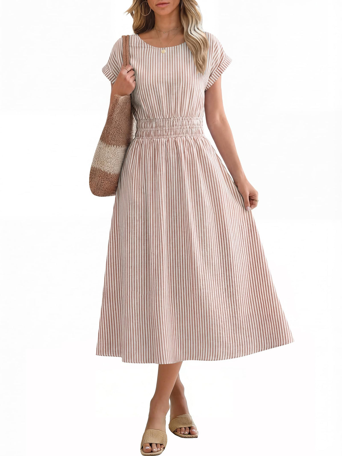 ANRABESS Womens Summer Midi Dress Striped Casual Short Sleeve Crewneck Empire Waist 2026 Flowy Long Beach Dress with Pockets