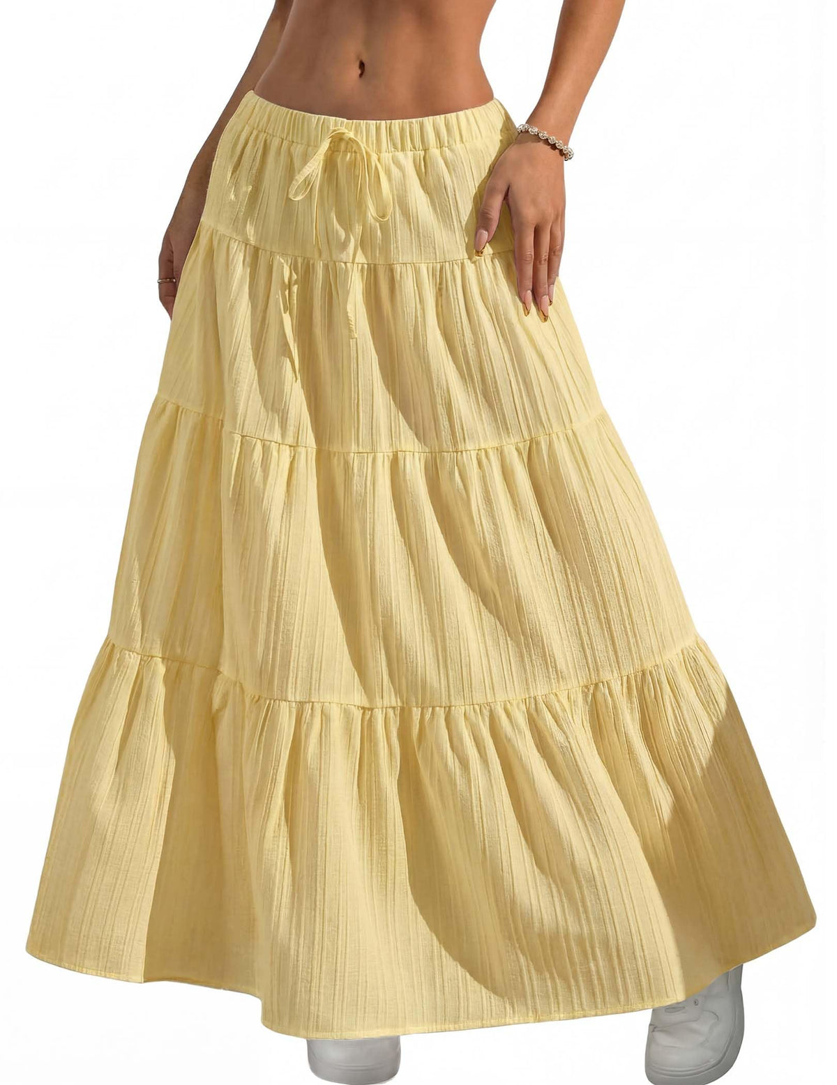DERAX Women's Boho Flowy White Maxi Skirt Flared Ruffle Elastic Waist Summer A Line 2026 Spring Long Skirts